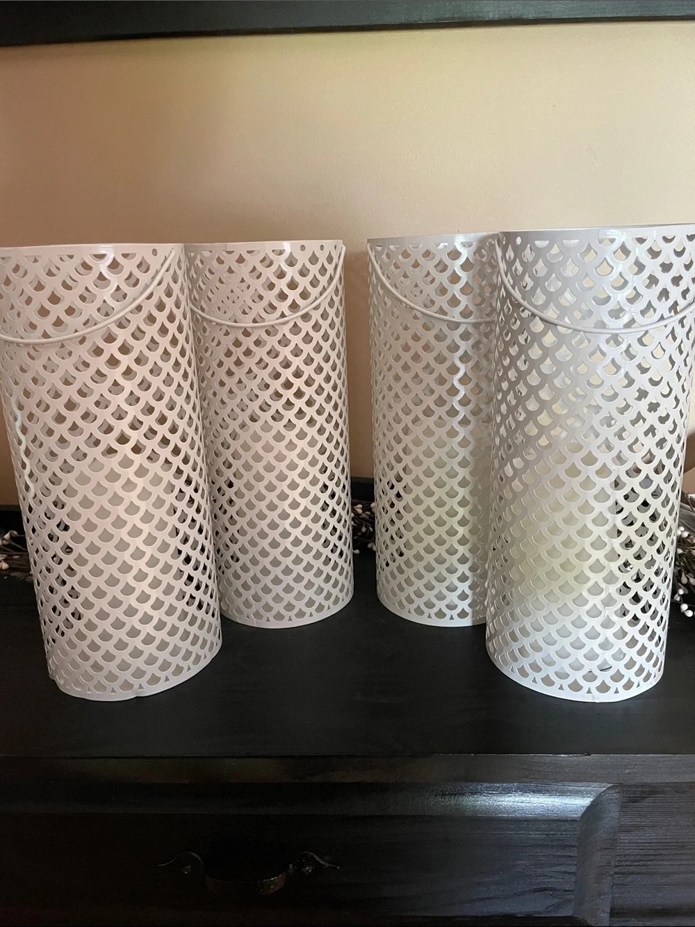 Set of 4 White Metal  Lanterns with Pierced Pattern. Faux flicker candles 12”x5”